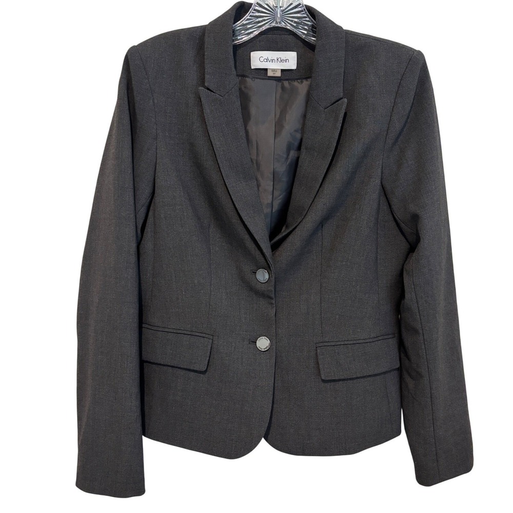 Calvin Klein Two Button Blazer Women 8P Gray Notched Lapel Lined Career Jacket